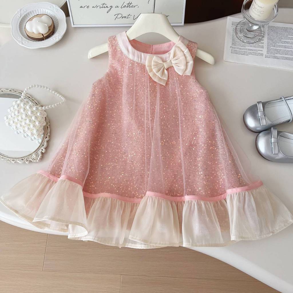 #379 พร้อมส่ง ชุดเดรสเจ้าหญิงฟรุ้งฟริ้ง สไตล์เกาหลี แขนกุด มีโบว์ตกแต่ง ผ้าตาข่าย สำหรับเด็กผู้หญิง