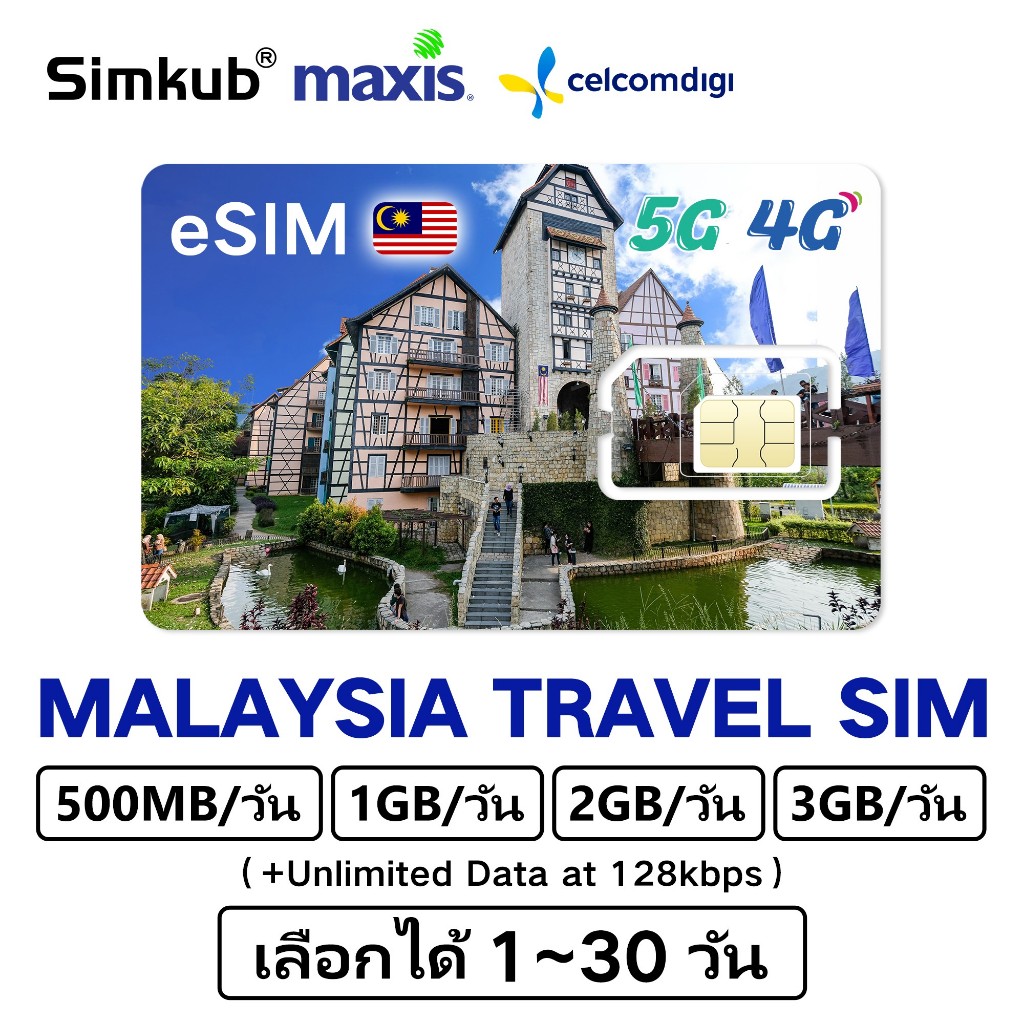 eSIM MALAYSIA ซิมมาเลเซีย ซิมท่องเที่ยวมาเลเซีย 5G/4G อินเตอร์เน็ต 500MB-3GB/วัน เลือกได้ 1-30วัน เครือข่าย Digi、Celcom