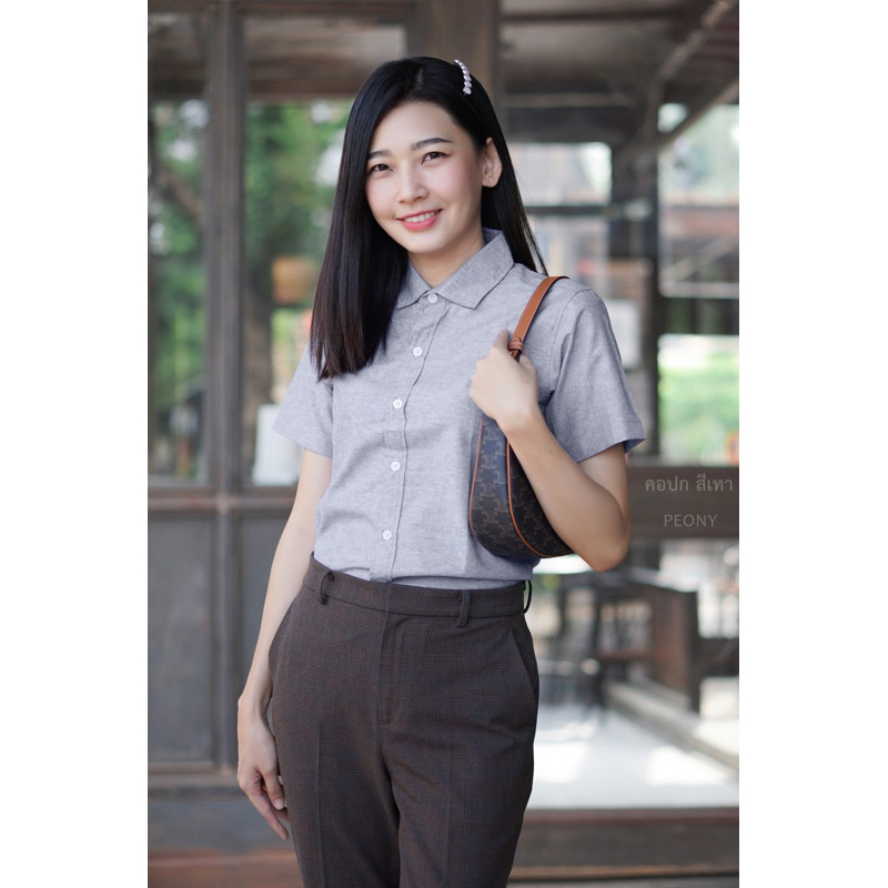 เชิ้ตแขนสั้นคอปกสีเทา เรียบๆแต่ดูดีมาก ใส่ทำงาน/ใส่เที่ยว