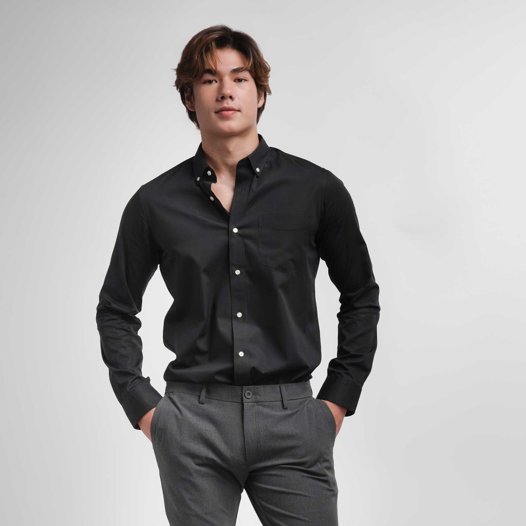 era-won เสื้อเชิ้ต Oxford แขนยาว คอปก สี Black
