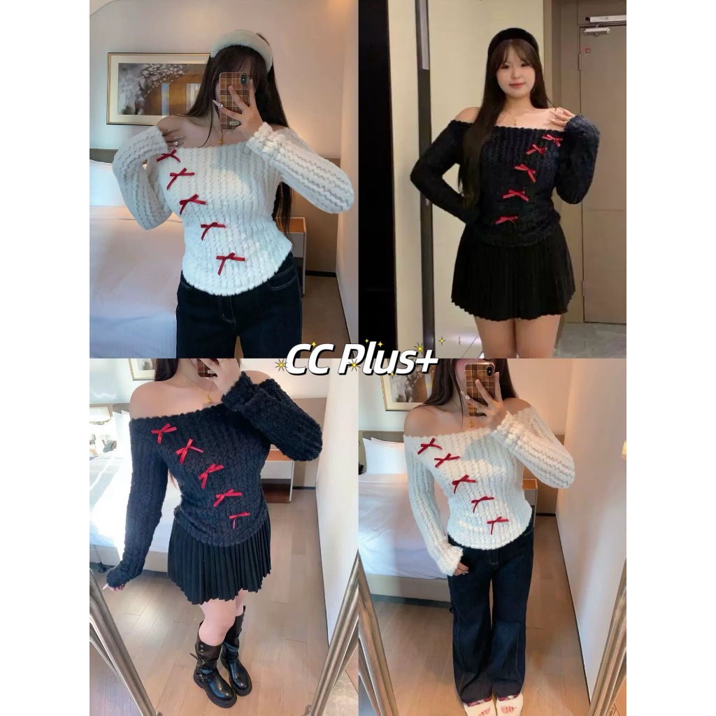 CiCi Plus+(93351)เสื้อแขนยาวขนปุยแต่งโบว์แดง น่ารักหวานๆ สไตล์สาวพลัสไซส์