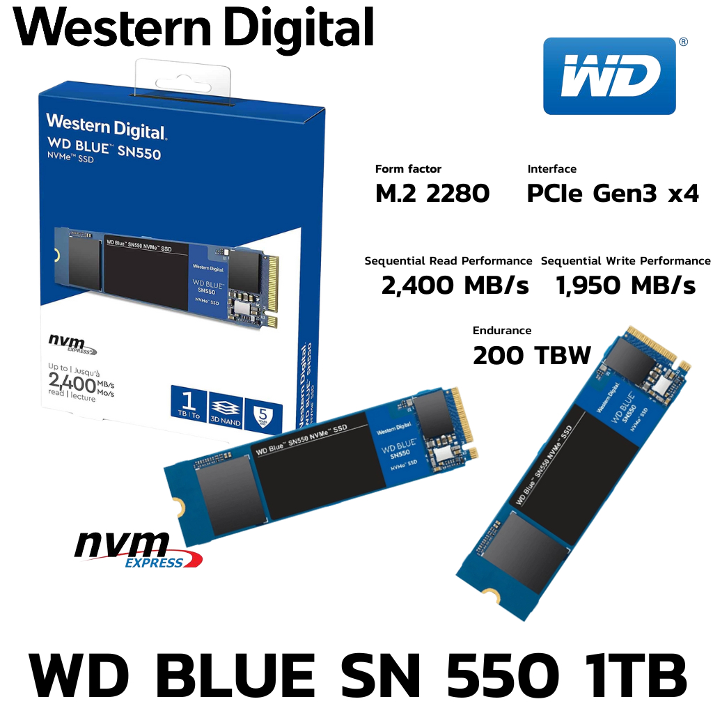 1 TB SSD (เอสเอสดี) WD BLUE SN550 PCIe/NVMe M.2 2280 (WDS100T2B0C)