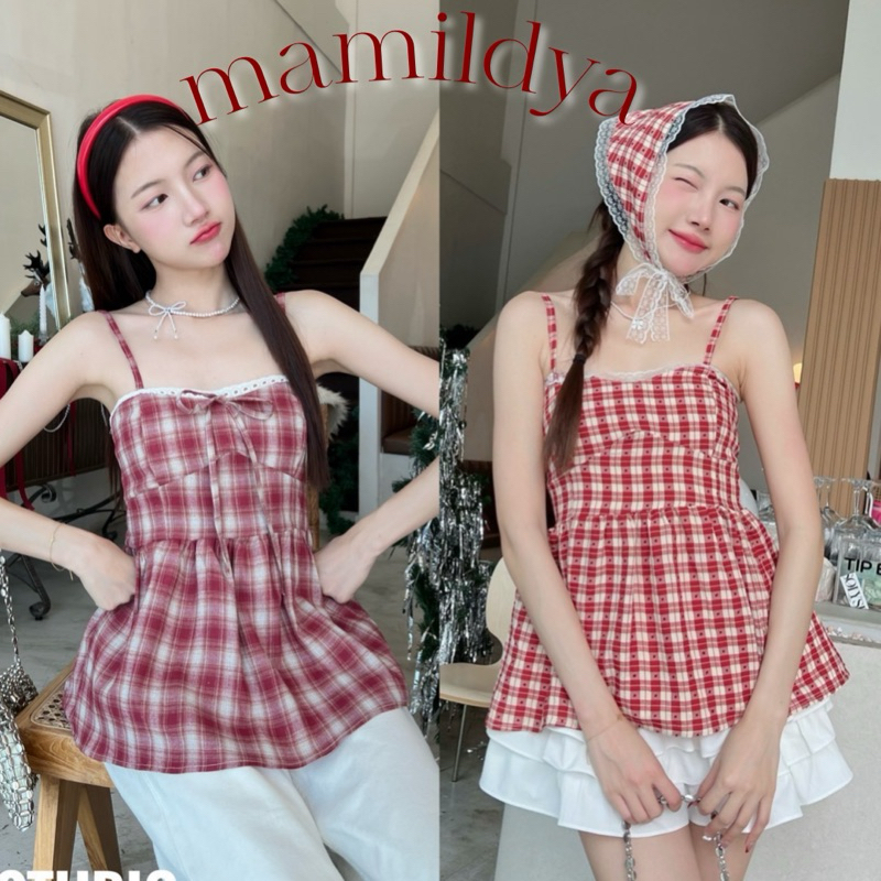 Mamildya.shop เสื้อสายเดี่ยว ผ้าลายสก็อตแดง อกแต่งระบายลูกไม้คอตตอน/P2-3 /KHUN-เดี่ยวยาว