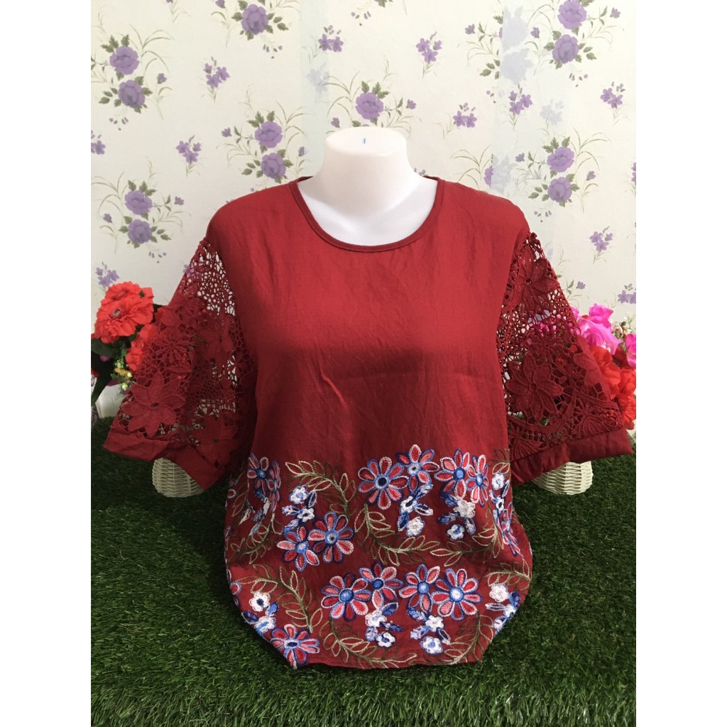 เสื้อสงกรานต์ เสื้อลูกไม้ ผ้าฉลุ แขนสามส่วน เสื้อสาวอวบ รุ่น8801