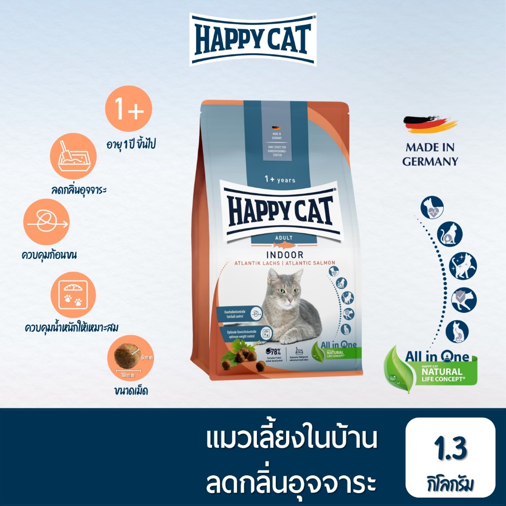 HAPPY CAT Supreme Indoor Atlantik Lachs อาหารแมวโตเลี้ยงในบ้าน สูตรเนื้อสัตว์ปีกและปลาแซลมอน 1.3 Kg