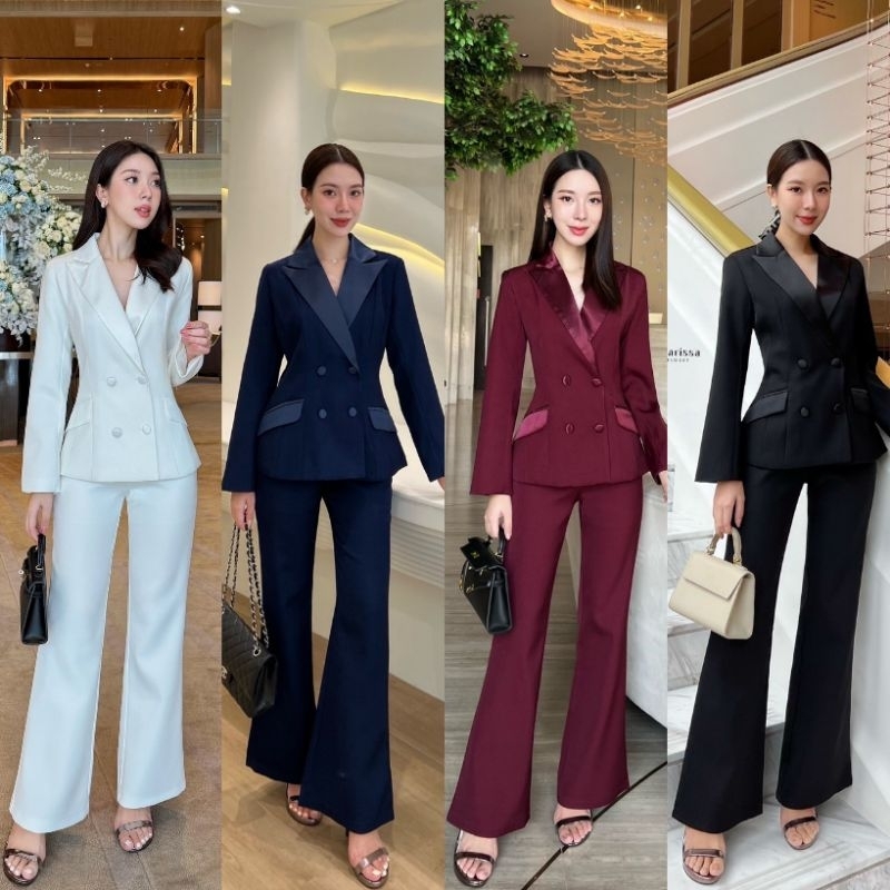 Charissa /พร้อมส่งสีดำ สีแดง ชุดเซ็ตสูทออกงานเสื้อสูท+กางเกงขายาว