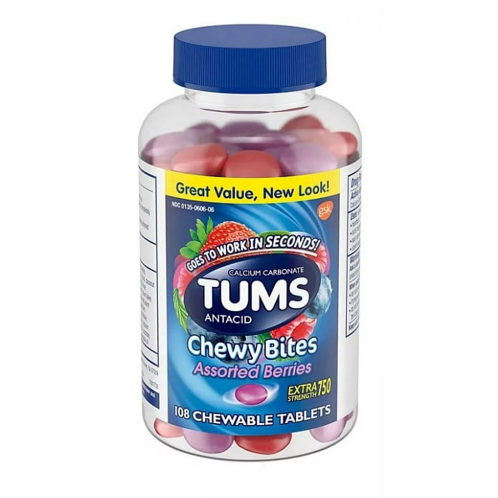 บรรเทา กรดไหลย้อน TUMS Chewy Bites Antacid Tablets for Heartburn Relief, Assorted Berries (108 Ct)