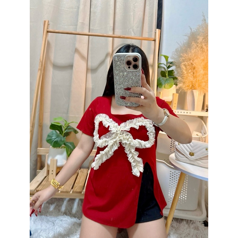 305 เสื้อสาวอวบ ผ่าหน้าปักโบว์3D อก34-46