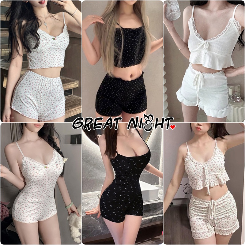 🌸Great Night🌸เสื้อสายเดี่ยว+กางเกงขาสั้น ชุดจั๊มสูทผ้าฝ้าย มีฟองน้ำ ลายดอกไม้ ผ้ายืด ระบายอากาศได้ดี