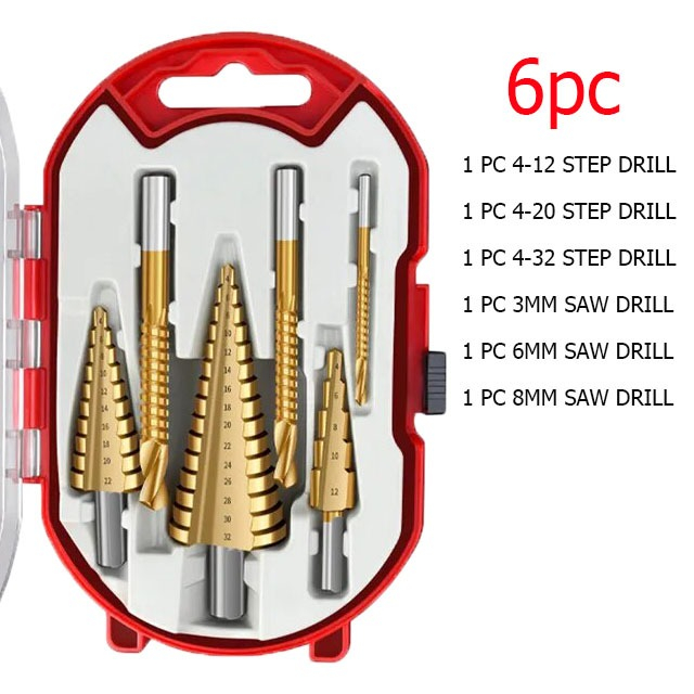ดอกสเต็ป ทรงเจดีย์ เจาะขยาย คว้านรู ขนาด 4-32 มม. Step Drill Titanium Size 4-32mm. 3 Pcs.Set / 6 Pcs.Set