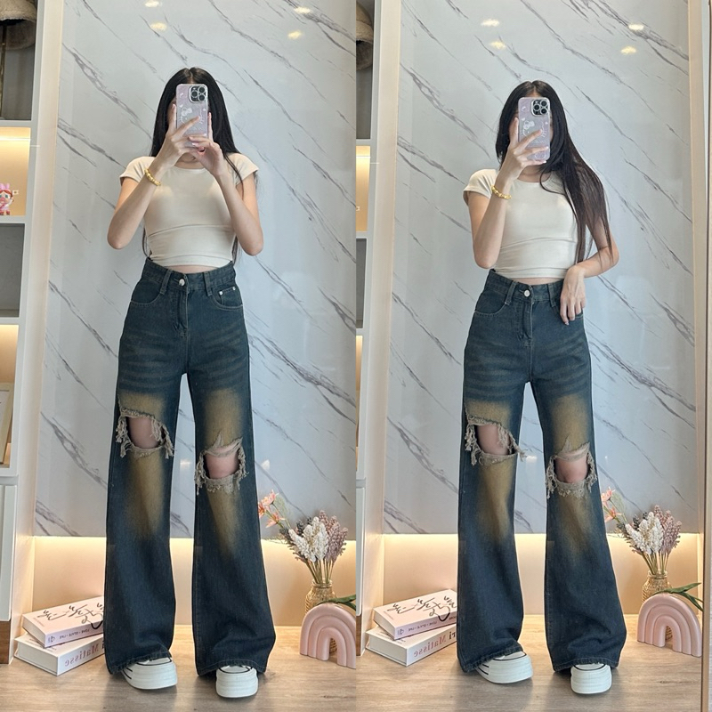 Baggy Jeans ทรงขาบาน B561 สีสนิมแต่งขาด ผ้าไม่ยืด ใส่เอวต่ำ-เอวสูงได้
