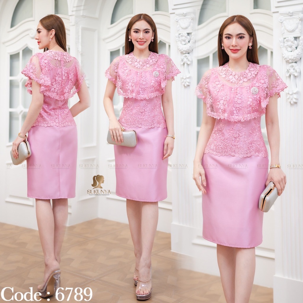 6789:ชุดเดรสงานชิ้นเดียวตัวเสื้อแต่งลูกไม้ปักวิ้งสวยพรีเมี่ยม