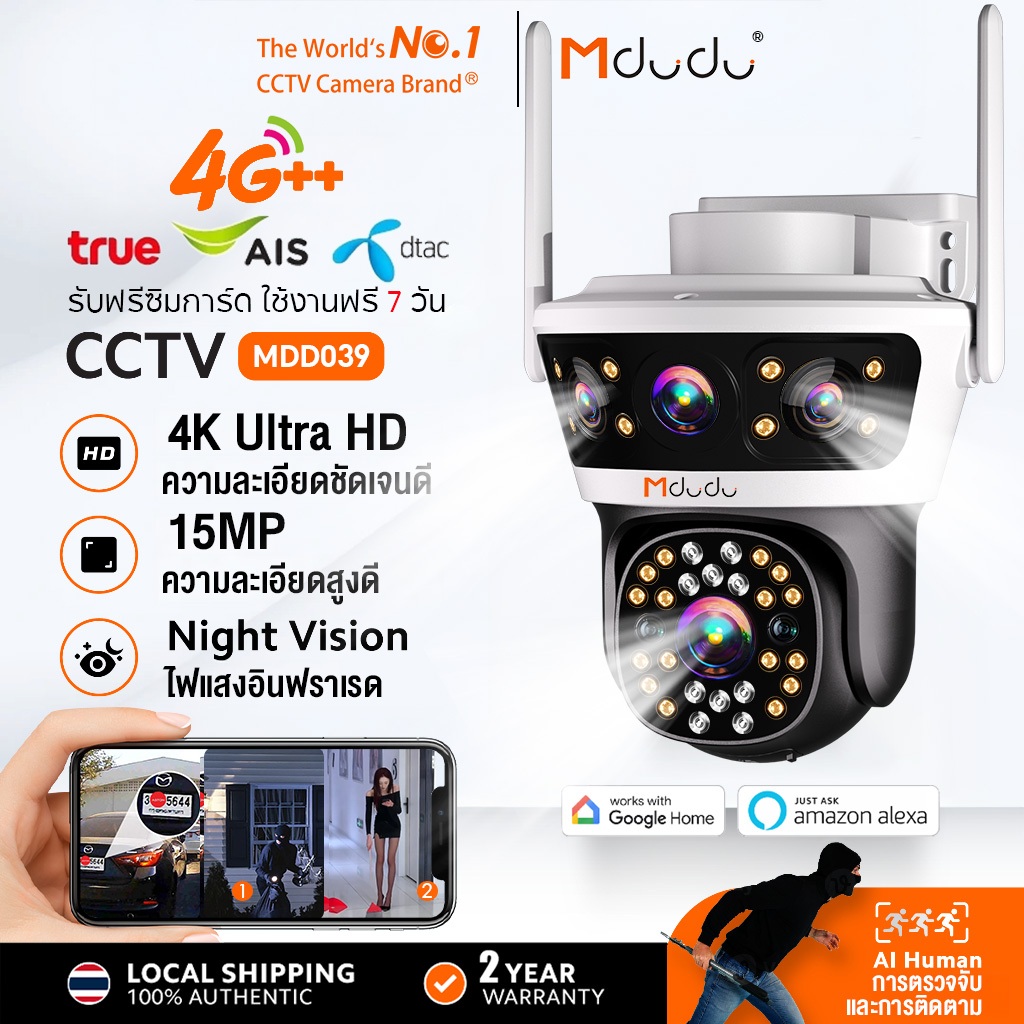 Mdudu กล้องวงจรปิดใส่ซิม 4G 3เลนส์ 3กล้อง 4K NightVision การติดตามอัตโนมัติ แถมซิมฟรี