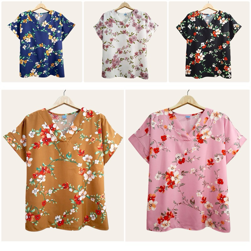 (อก 46”) เสื้อคอวี เเขนสั้น ลายดอก ผ้าไหมอิตาลี ไม่ต้องรีด