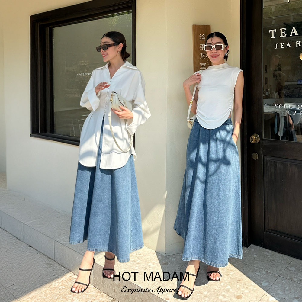 กระโปรงผ้ายีนส์ทรงเอ ขอบเอวยางซ่อน มีกระเป๋าข้างตัว ทรงสวยมาก | A-line Demin Maxi Skirt | Hot Madam Style