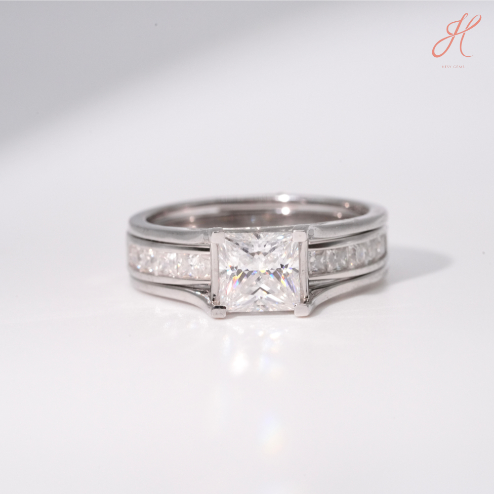 แหวนเซ็ท2วงปริ้นซ์เซส Moissanite 1.5ct ชุบWG