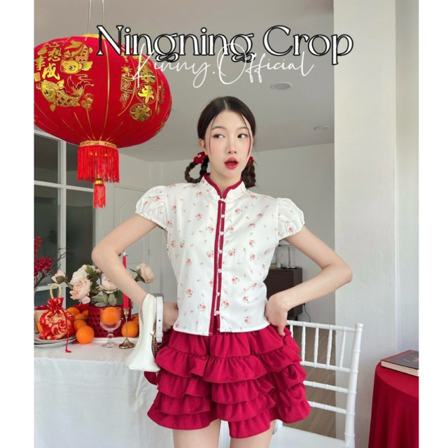 Ningning Crop เสื้อครอปคอจีนผูหญิง ลายดอกไม้ Women Clothing