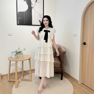 สินค้าพร้อมส่ง เดรสยาวผ้าซีฟองคอปกแขนระบายโบว์หน้าแต่งระบายชั้นๆซิปหลังพร้อมสายผูกเอว A5722