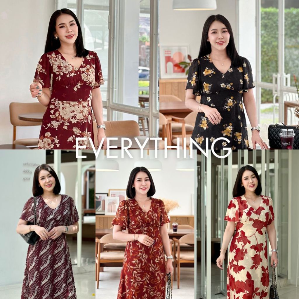 Everything2019 เดรสยาวคอวี แขนกระดิ่งพรางต้นแขน ซิปหลังซับในทั้งตัว มีหลายไซส์ (6156)