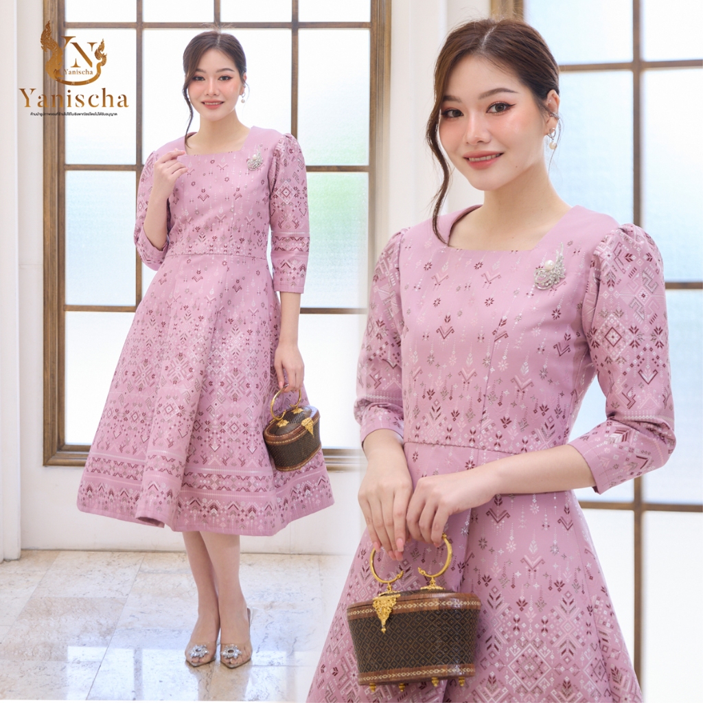 ชุดร้านญาณิศชา ผ้าไทย ชุดเดรส ชุดออกงาน ผ้าฝ้าย ผ้าฝ้ายทอลายไหมอุตรดิตถ์ - ชุดไปวัด ทำบุญ (ชมพู)