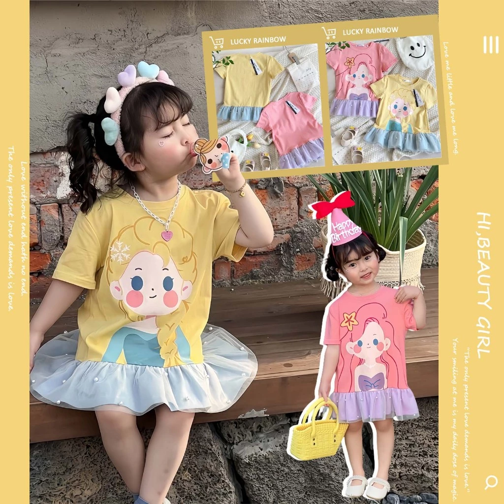 เดรสเด็กหญิงเย็บระบายผ้าโปร่งสไตล์เกาหลีชุดเจ้าหญิงการ์ตูนน่ารักระบาย อายุ 1-9 ปี