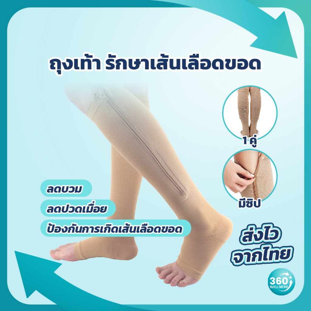 [360wellness] ถุงเท้าเส้นเลือดขอด มีซิป ถุงเท้า ถุงน่องรักษาเส้นเลือดขอด ลดอาการเมื่อยล้า เลือดไหลเวียนได้ดี