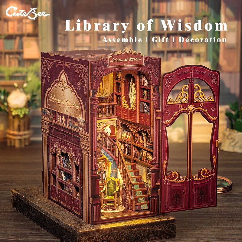 CUTEBEE DC03 DIY Book Nook บ้านตุ๊กตา DIY ที่กั้นหนังสือ ห้องสมุดสไตล์ยุโรป รวมถึงฝาครอบกันฝุ่น