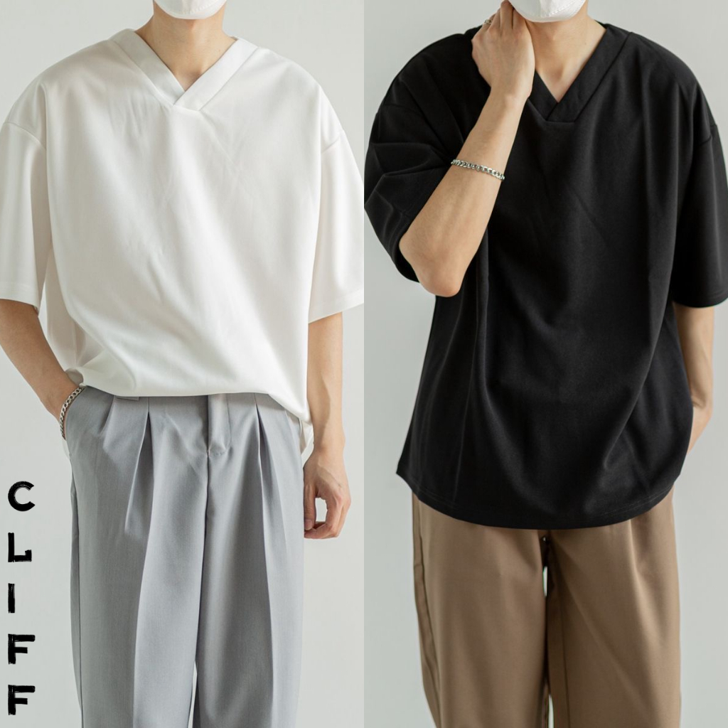 CLIFF คอวีแขนสั้นผู้ชาย ลำลองทรงหลวม เสื้อยืดสไตล์เกาหลี แมทช์ลุคง่าย