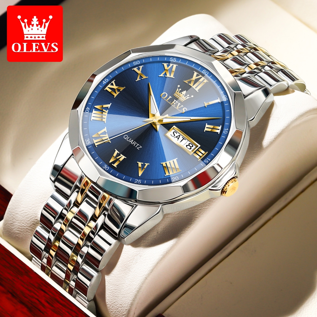 Olevs นาฬิกาผู้ชาย แฟชั่น หรูหรา กันน้ำ100% สายสเตนเลส นาฬิกาข้อมือผู้ชาย ส่องสว่าง ปฏิทิน รุ่น 9990