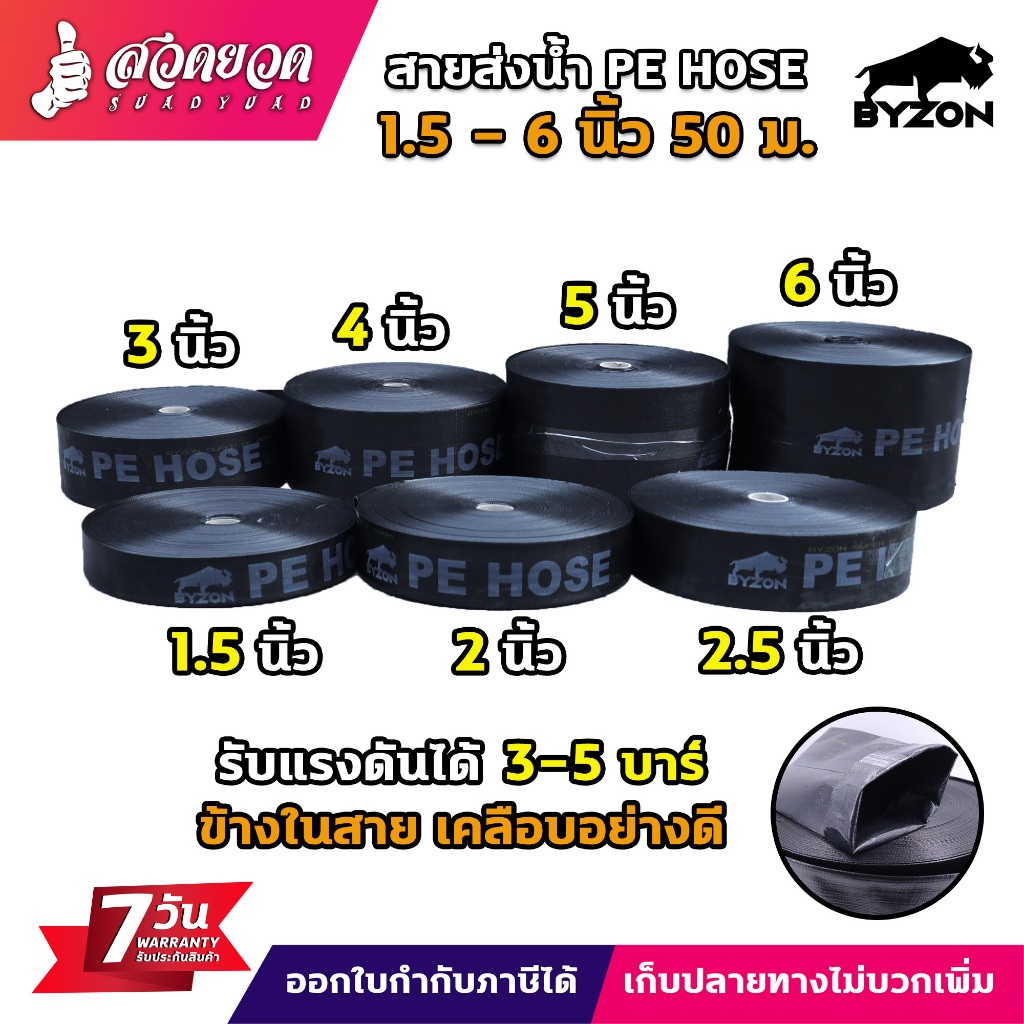BYZON สายส่งน้ำ PE ขนาด 1.5 - 6 นิ้ว มีความยาว 50 เมตร สายดูดน้ำ สายยางดูดน้ำ สายสูบน้ำ ทนแรงดันได้ดี [รับประกัน 7 วัน]