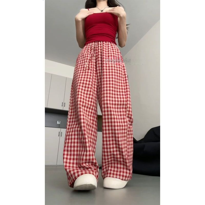 2024 ผ้าม่านเอวสูงใหม่, หลวมและผอม, บุคลิกลําลองและขี้เกียจ, กางเกงลายสก๊อตย้อนยุคสีแดงขากว้างตรงสําหรับผู้หญิง - รูปที่ 4