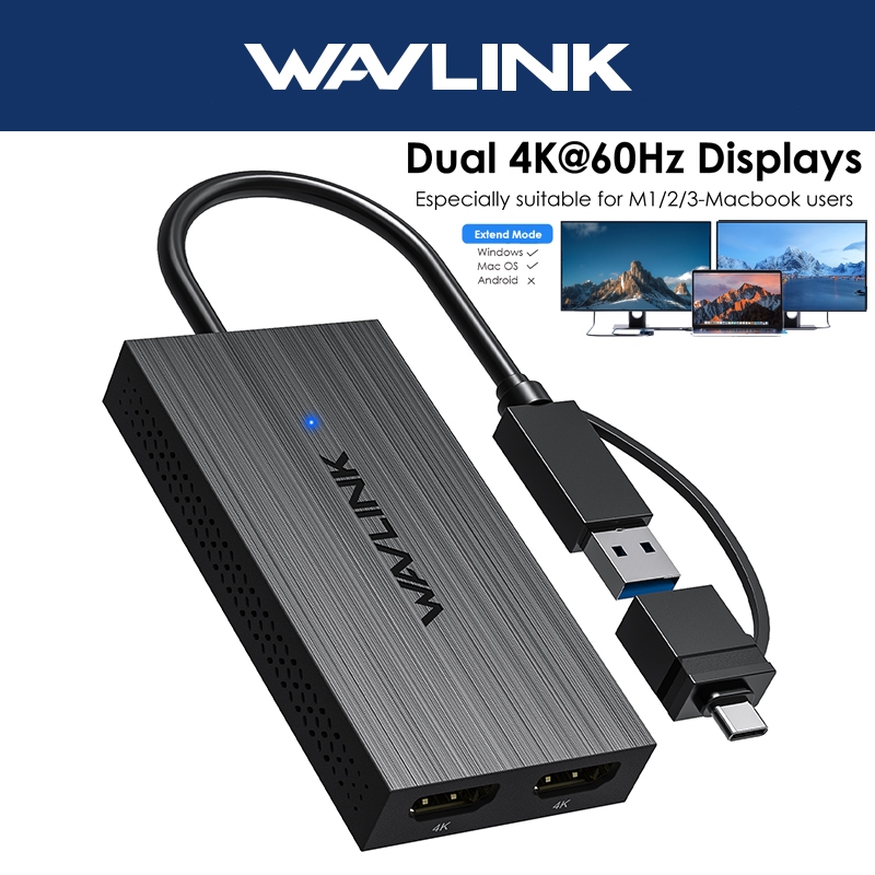 WAVLINK อะแดปเตอร์ USB ถึง HDMI Dual 4K HDMI Splitter 1 in 2 Out Video ตัวแปลง USB to HDMI สําหรับ Macbook Air M1 M2