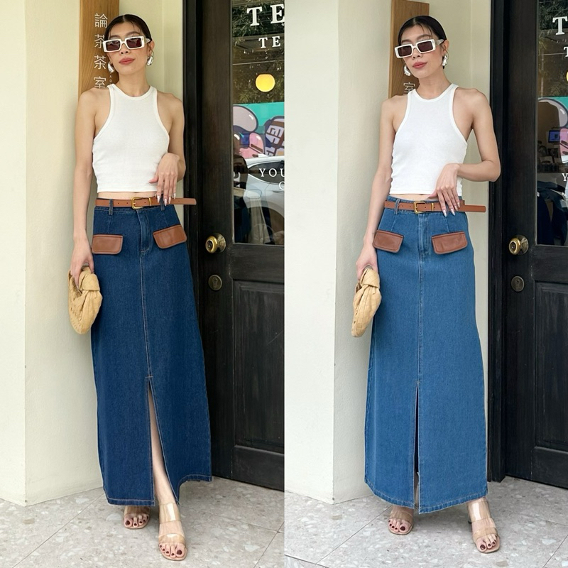 912 DENIM PENCIL SKIRT WITH DETAILS LEATHER POCKET AND BELT กระโปรงยีนส์ทรงสอบผ่าหน้าแต่งปกหนังพร้อมเข็มขัดหนัง studiox2