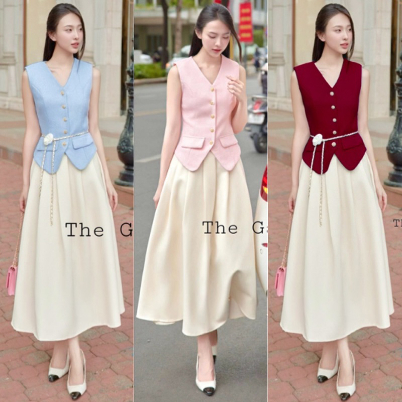 ✅พร้อมส่ง S-XL✅ ชุดset3ชิ้น พร้อมเข็มขัดโซ่ดอกไม้ เสื้อและกระโปรง