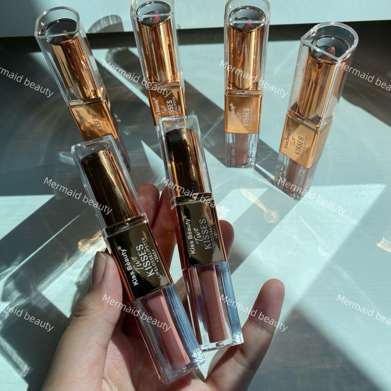 🔴ของแท้✨ลิปสายฝอ 2in1 ปากฉ่ำ โทนน้ำตาล เนื้อแมทต์ ครีมมี่ ลิป2หัว lip kiss beauty 3.6G
