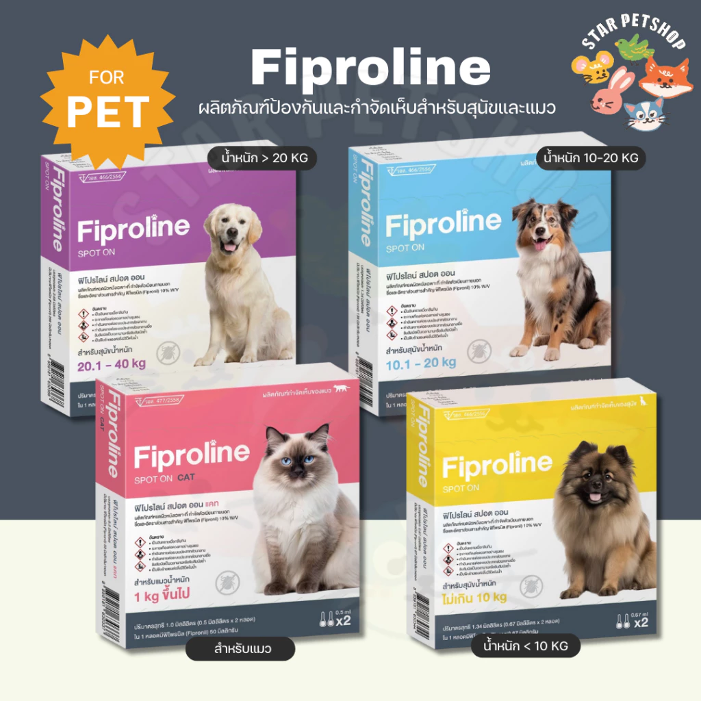 Fiproline ฟิโปรไลน์ ผลิตภัณฑ์ป้องกันและกำจัดเห็บสำหรับสุนัขและแมว ชนิดหยดหลัง หยอดกำจัดเห็บ เห็บหมา (1กล่องบรรจุ 2หลอด)