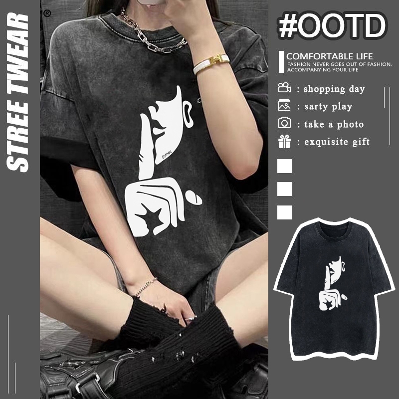 ผ้าฝ้าย100% เสื้อฟอกวินเทจผู้ชาย เสื้อยืดคอกลม พิมพ์ลาย เหมาะสำหรับทั้งชายและหญิง เหมาะกับวัยรุ่น ลายเท่ๆสไตล์อเมริกัน