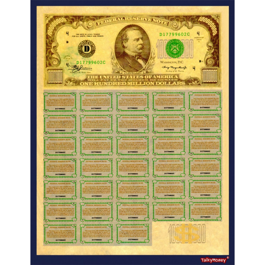 สหรัฐอเมริกา $100,000,000 (ร้อยล้านเหรียญ) ธนบัตรจำลอง ย้อนยุคพันธบัตร ไม่ใช่ธนบัตรจริง แบงค์สะสม vintage ประดับบ้าน