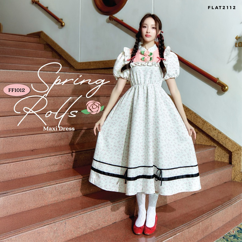 FLAT2112 FF1012 : SPRING ROLLS MAXI DRESS เดรสยาวแขนตุ๊กตา เดรสออกงาน แต่งดอกไม้ ชุดจีน