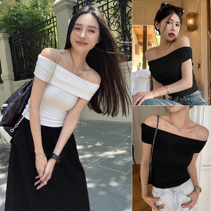 พร้อมส่งจากกทม เซ็กซี่เสีดำสื้อแขนสั้น เสื้อครอปหญิง ไหล่เดียเเสื้อยืดปาดไหล่จับจีบเสื้อแขนกุด สไตล์ยุโรปและอเมริกา ทรงเ