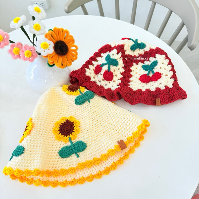 [ส่งฟรี EMS] หมวกถักโครเชต์ handmade แฮนเมด ทานตะวัน เชอร์รี่ cherry crochet