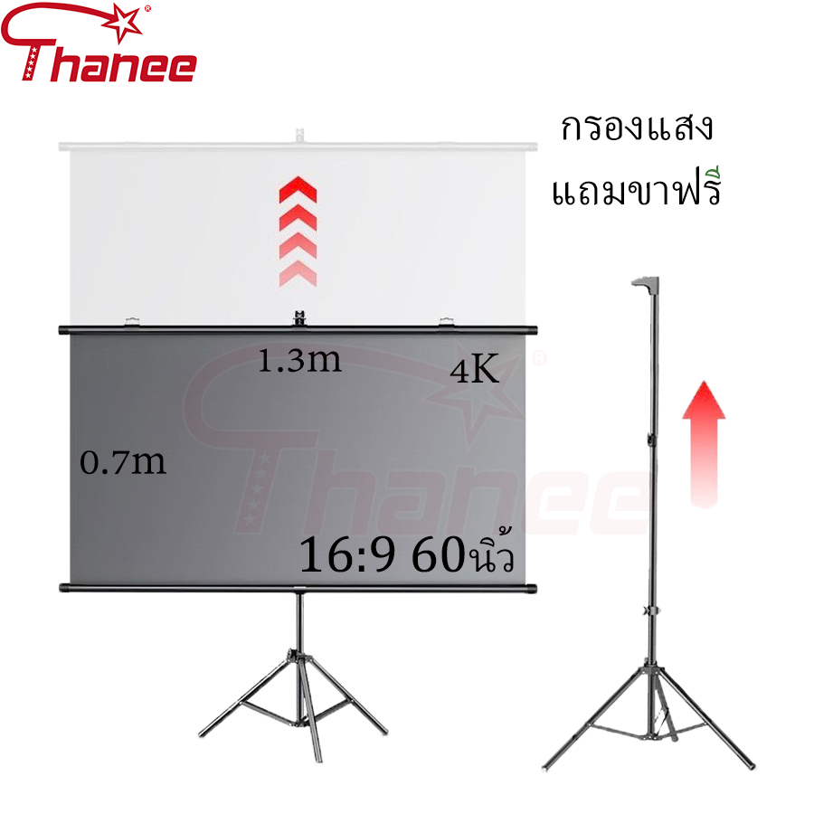 Projector Screen THANEE  ผ้าโปรเจคเตอร์แบบกรองแสงแถมขาฟรี แบบแขวนผนัง พับได้ ไม่ต้องเจาะ ไม่ต้องติดตั้งวนผนั่ง 60/8