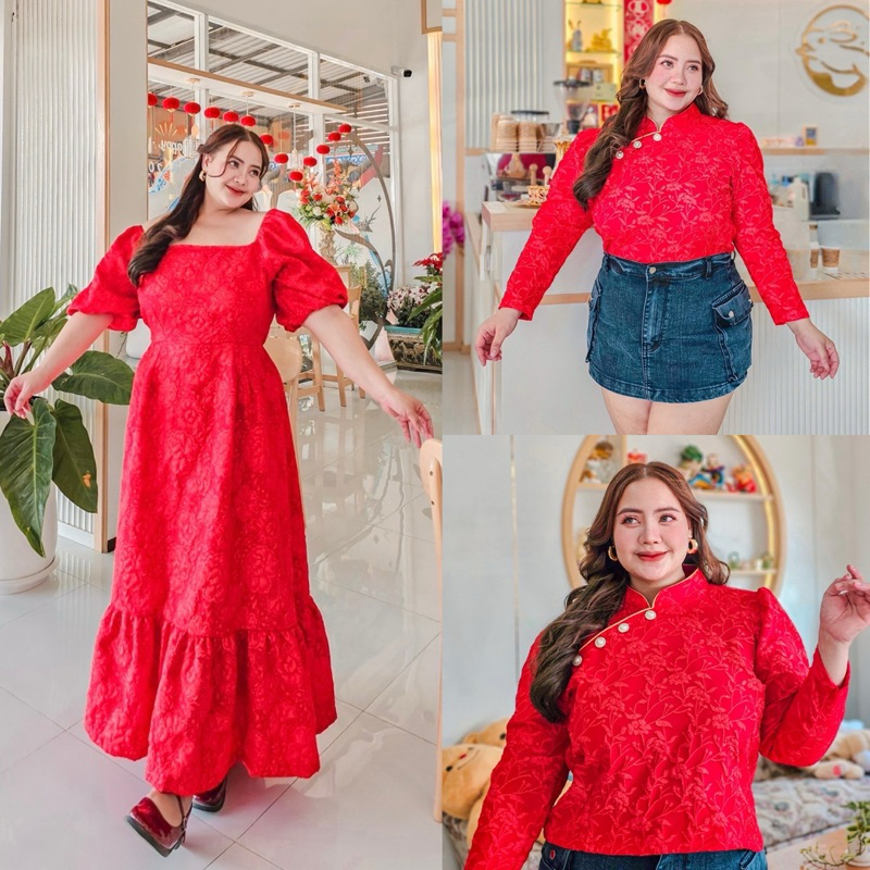 /PF/ ชุดตรุษจีน สาวอวบ เสื้อกี่เพ้า เดรส ใส่แดงรับความปังค่า #เสื้อผ้าไซส์ใหญ่ สาว อ้วน พลัสไซส์