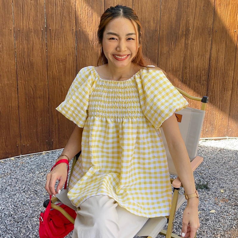 CHAWY Gingham puff shirt ✨🥐 C3908 เสื้อแขนพอง เสื้อแขนตุ๊กตา
