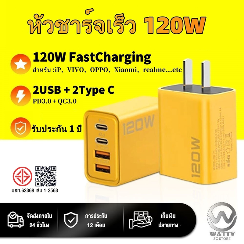【2024🔥】อะแดปเตอร์ชาร์จเร็ว 120W PD FastCharging USB TypeC 3.0 สําหรับ iPH0NE 15 14 13 12 Samsung OPP