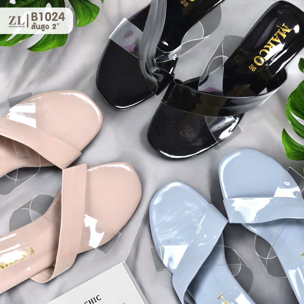 รองเท้า Marco รองเท้าส้นแก้ว เรียบหรูสง่างาม รุ่น B1024 ไซส์ 36-40 สูง 2 นิ้ว ดีไซน์สายคาดด้านหน้า