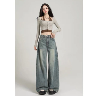 (S-3XL) Jinjeans กางเกงยีนส์ขากระบอกสีเทา แต่งเฟด (909เฟดหน้า-หลัง) Clothing ผู้หญิง เสื้อผ้า Women Lady