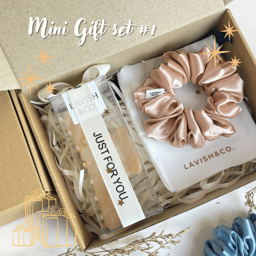 [พร้อมส่ง] MINI Gift set #1  กิ๊ฟหนีบผม  เปลี่ยนสี 11 CM +Scrunchies 11*11 CM   ฟรีติดชื่อ+การ์ด+ถุงผ้า+กล่องครบเซต