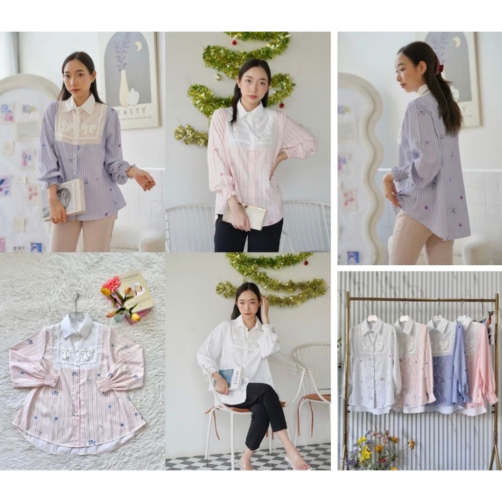 ป้าย Saturday เสื้อเชิ้ตแต่งอะไหล่โบว์ชิ้นหน้า ผ้าริ้วลายโบว์ อก 40 นิ้ว ยาว 25 นิ้ว