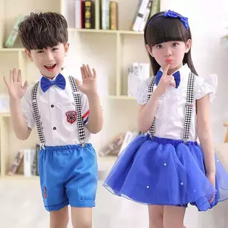 ชุดการแสดงเด็กผู้หญิงและผู้ชายสีฟ้าขาวสายลาย (พร้อมส่งในไทย)